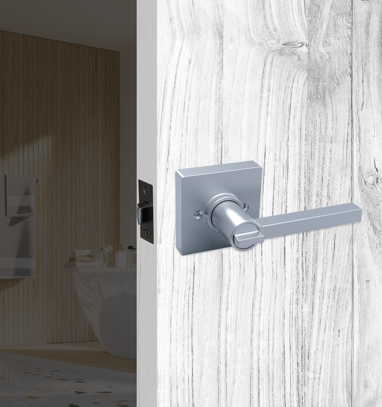 Square Privacy Door Lock Solstice Lever in Satin Chrome