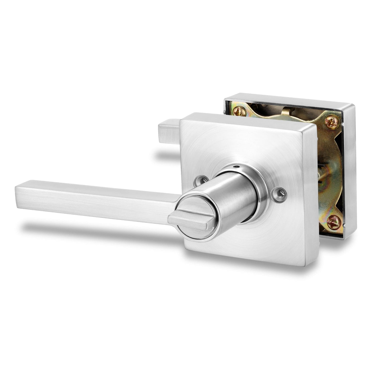 Square Privacy Door Lock Solstice Lever in Satin Chrome