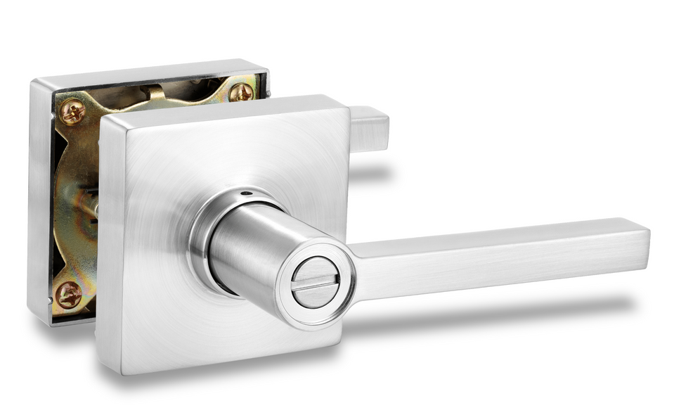 Square Privacy Door Lock Solstice Lever in Satin Chrome